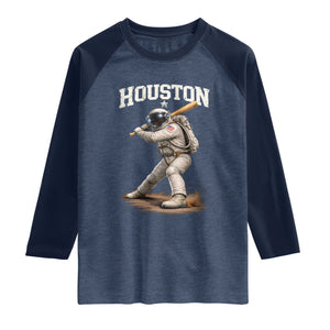 Houston Astronaut Baseball Player Raglan Shirt Clutch City TS10 Heather Denim Navy Print Your Wear