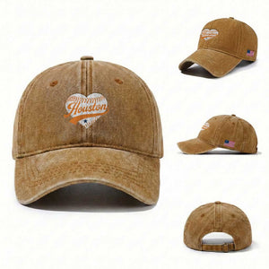 Houston Clutch City Washed Cotton Baseball Cap Baseball Heart Varsity Script Vintage Sports Fans TS10 Washed Cap Universal Fit Yellow Ochre Print Your Wear