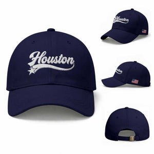 Retro Houston Baseball Cap Varsity Script Vintage Sports Jersey Style 80s 90s TS10 Baseball Cap Universal Fit Dark Blue Print Your Wear