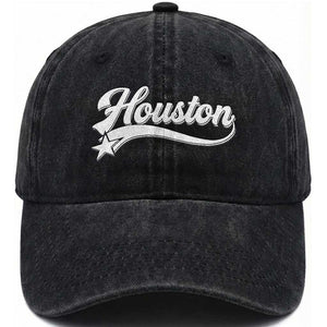 Retro Houston Washed Cotton Baseball Cap Varsity Script Vintage Sports Jersey Style 80s 90s TS10 Print Your Wear