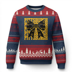 Pittsburgh Coquette Bow Ugly Christmas Sweater Retro Sports Style Pirate Skull TS10 Navy Red Print Your Wear