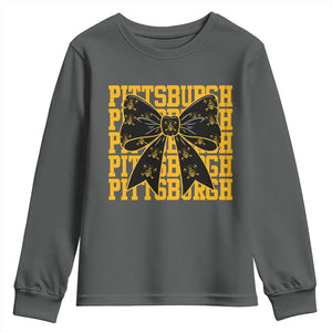 Pittsburgh Coquette Bow Youth Sweatshirt Retro Sports Style Pirate Skull TS10 Dark Heather Print Your Wear