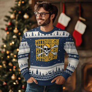 Pittsburgh Lovers Ugly Christmas Sweater Retro Pennsylvania Steel City Pirate Skull TS10 Navy Beige Print Your Wear