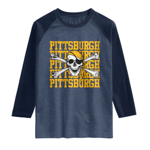 Pittsburgh Lovers Raglan Shirt Retro Pennsylvania Steel City Pirate Skull TS10 Heather Denim Navy Print Your Wear