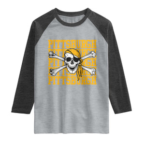 Pittsburgh Lovers Raglan Shirt Retro Pennsylvania Steel City Pirate Skull TS10 Heather Gray Heather Charcoal Print Your Wear