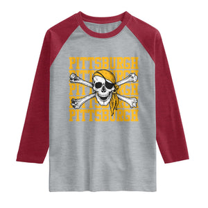 Pittsburgh Lovers Raglan Shirt Retro Pennsylvania Steel City Pirate Skull TS10 Heather Gray Heather Red Print Your Wear