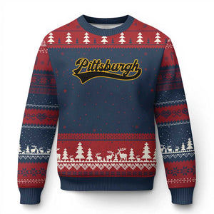 Vintage Pittsburgh Ugly Christmas Sweater Varsity Script Retro Sports Jersey Style Baseball Fans TS10 Navy Red Print Your Wear