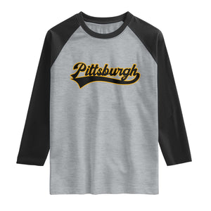 Vintage Pittsburgh Raglan Shirt Varsity Script Retro Sports Jersey Style Baseball Fans TS10 Heather Gray Black Print Your Wear