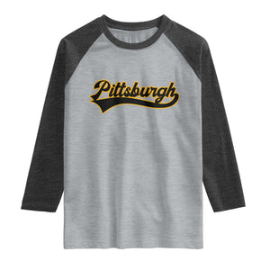Vintage Pittsburgh Raglan Shirt Varsity Script Retro Sports Jersey Style Baseball Fans TS10 Heather Gray Heather Charcoal Print Your Wear