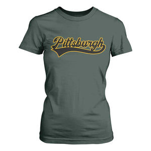 Vintage Pittsburgh T Shirt For Women Varsity Script Retro Sports Jersey Style Baseball Fans TS10 Dark Forest Green Print Your Wear