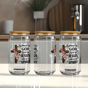 Blessed By God Saved By Jesus Glass Can Floral Cross Christian Faith Inspirational TS10 Print Your Wear