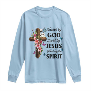 Blessed By God Saved By Jesus Long Sleeve Shirt Floral Cross Christian Faith Inspirational TS10 Light Blue Print Your Wear