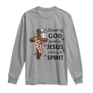 Blessed By God Saved By Jesus Long Sleeve Shirt Floral Cross Christian Faith Inspirational TS10 Sport Gray Print Your Wear