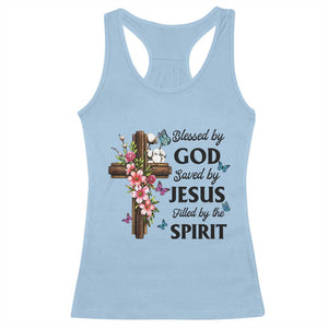 Blessed By God Saved By Jesus Racerback Tank Top Floral Cross Christian Faith Inspirational TS10 Light Blue Print Your Wear