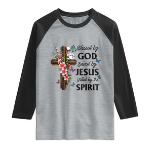Blessed By God Saved By Jesus Raglan Shirt Floral Cross Christian Faith Inspirational TS10 Heather Gray Black Print Your Wear