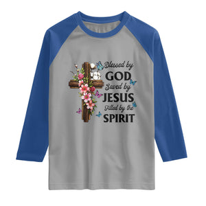 Blessed By God Saved By Jesus Raglan Shirt Floral Cross Christian Faith Inspirational TS10 Sport Gray Royal Print Your Wear