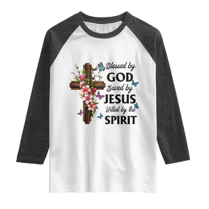 Blessed By God Saved By Jesus Raglan Shirt Floral Cross Christian Faith Inspirational TS10 White Heather Charcoal Print Your Wear