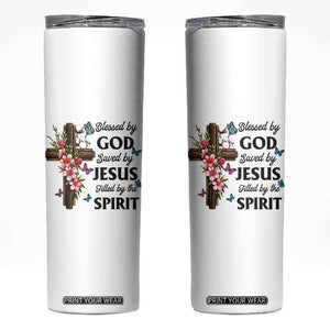 Blessed By God Saved By Jesus Skinny Tumbler Floral Cross Christian Faith Inspirational TS10 White Print Your Wear