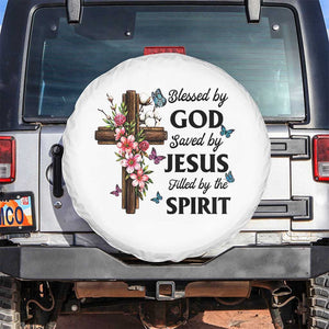 Blessed By God Saved By Jesus Spare Tire Cover Floral Cross Christian Faith Inspirational TS10 No hole White Print Your Wear