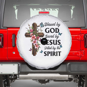 Blessed By God Saved By Jesus Spare Tire Cover Floral Cross Christian Faith Inspirational TS10 White Print Your Wear