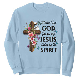 Blessed By God Saved By Jesus Sweatshirt Floral Cross Christian Faith Inspirational TS10 Light Blue Print Your Wear