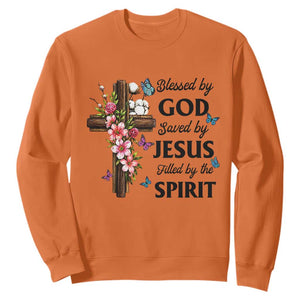 Blessed By God Saved By Jesus Sweatshirt Floral Cross Christian Faith Inspirational TS10 Orange Print Your Wear