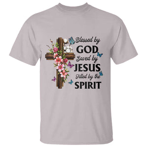 Blessed By God Saved By Jesus T Shirt Floral Cross Christian Faith Inspirational TS10 Ice Gray Print Your Wear
