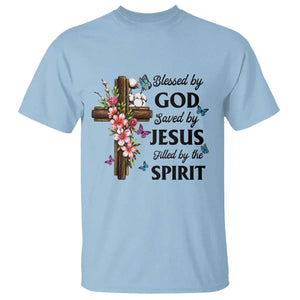 Blessed By God Saved By Jesus T Shirt Floral Cross Christian Faith Inspirational TS10 Light Blue Print Your Wear