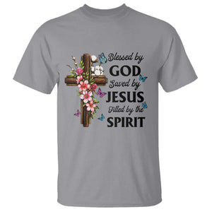 Blessed By God Saved By Jesus T Shirt Floral Cross Christian Faith Inspirational TS10 Sport Gray Print Your Wear