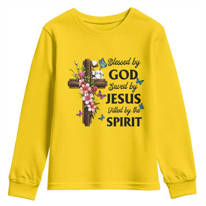 Blessed By God Saved By Jesus Youth Sweatshirt Floral Cross Christian Faith Inspirational TS10 Daisy Print Your Wear