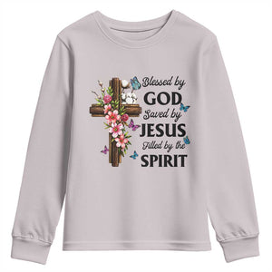 Blessed By God Saved By Jesus Youth Sweatshirt Floral Cross Christian Faith Inspirational TS10 Ice Gray Print Your Wear
