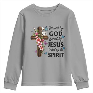 Blessed By God Saved By Jesus Youth Sweatshirt Floral Cross Christian Faith Inspirational TS10 Sport Gray Print Your Wear