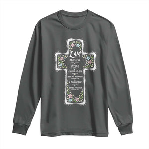 Christian Floral Cross Affirmation Long Sleeve Shirt Bible Verse Inspirational Faith Girl Christening Floral TS10 Dark Heather Print Your Wear