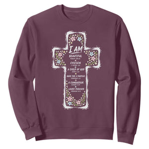 Christian Floral Cross Affirmation Sweatshirt Bible Verse Inspirational Faith Girl Christening Floral TS10 Maroon Print Your Wear