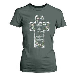 Christian Floral Cross Affirmation T Shirt For Women Bible Verse Inspirational Faith Girl Christening Floral TS10 Dark Forest Green Print Your Wear