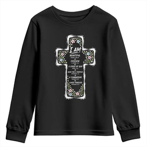 Christian Floral Cross Affirmation Youth Sweatshirt Bible Verse Inspirational Faith Girl Christening Floral TS10 Black Print Your Wear