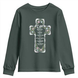 Christian Floral Cross Affirmation Youth Sweatshirt Bible Verse Inspirational Faith Girl Christening Floral TS10 Dark Forest Green Print Your Wear