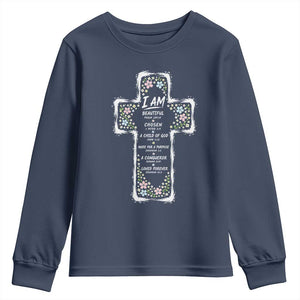 Christian Floral Cross Affirmation Youth Sweatshirt Bible Verse Inspirational Faith Girl Christening Floral TS10 Navy Print Your Wear