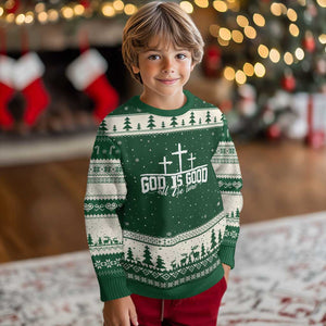 God Is Good Ugly Christmas Sweater Jesus Cross Minimal Religious Faith Bible Verse Inspirational TS10 Forest Green Beige Print Your Wear