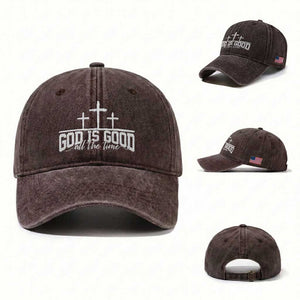 God Is Good Washed Cotton Baseball Cap Jesus Cross Minimal Religious Faith Bible Verse Inspirational TS10 Washed Cap Universal Fit Dark Brown Print Your Wear
