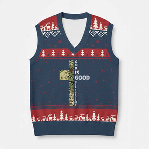 God Is Good V-Neck Knit Sweater Vest Camo Cross Religious Jesus Faith Bible Verse Inspirational TS10 Navy Red Print Your Wear