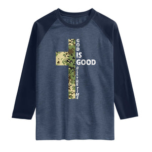God Is Good Raglan Shirt Camo Cross Religious Jesus Faith Bible Verse Inspirational TS10 Heather Denim Navy Print Your Wear