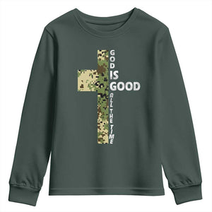 God Is Good Youth Sweatshirt Camo Cross Religious Jesus Faith Bible Verse Inspirational TS10 Dark Forest Green Print Your Wear