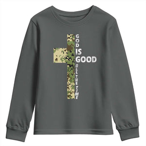 God Is Good Youth Sweatshirt Camo Cross Religious Jesus Faith Bible Verse Inspirational TS10 Dark Heather Print Your Wear