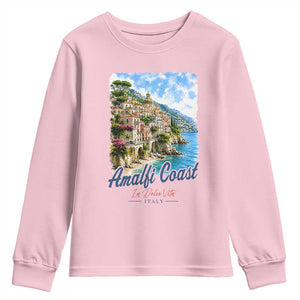 Amalfi Coast Youth Sweatshirt La Dolce Vita Italy Coastal Village Vintage Mediterranean Paradise TS10 Light Pink Print Your Wear