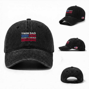 Retro Twin Dad Washed Cotton Baseball Cap Make It A Double US Flag Fathers Day TS10 Washed Cap Universal Fit Black Print Your Wear