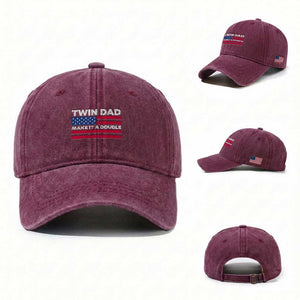 Retro Twin Dad Washed Cotton Baseball Cap Make It A Double US Flag Fathers Day TS10 Washed Cap Universal Fit Burgundy Print Your Wear