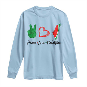 Peace Love Palestine Long Sleeve Shirt Gaza Palestinian Flag TS10 Light Blue Print Your Wear