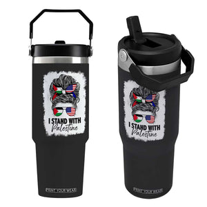 Stand With Palestine Flip Straw Tumbler Messy Bun Gaza Palestinian Flag TS10 One Size: 30 oz Black Print Your Wear