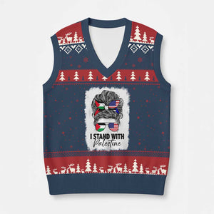 Stand With Palestine V-Neck Knit Sweater Vest Messy Bun Gaza Palestinian Flag TS10 Navy Red Print Your Wear